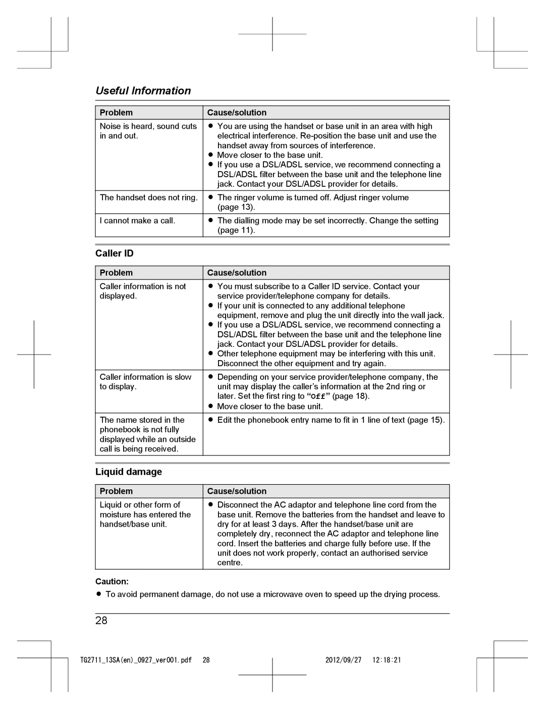 Panasonic KX-TG2711 operating instructions Caller ID, Liquid damage 