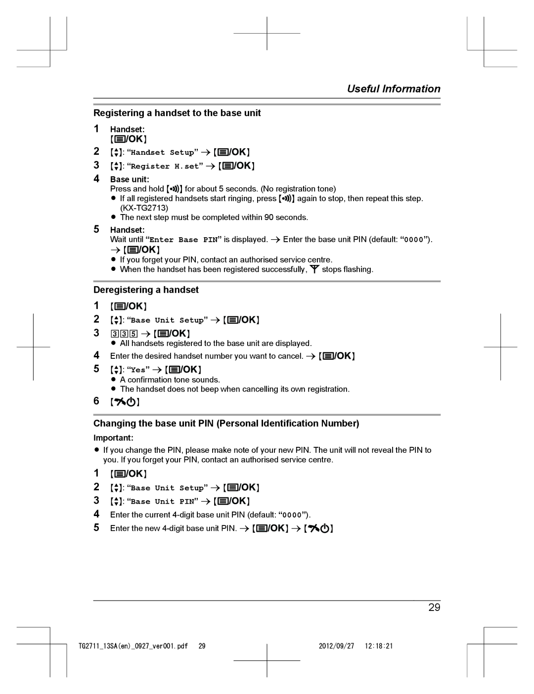 Panasonic KX-TG2711 operating instructions Registering a handset to the base unit, Deregistering a handset, Handset 