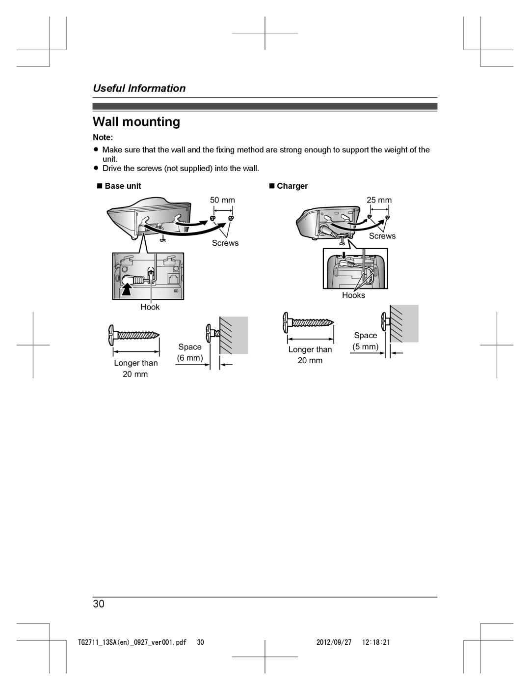 Panasonic KX-TG2711 operating instructions Wall mounting 