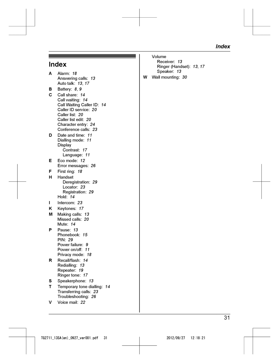 Panasonic KX-TG2711 operating instructions Index 