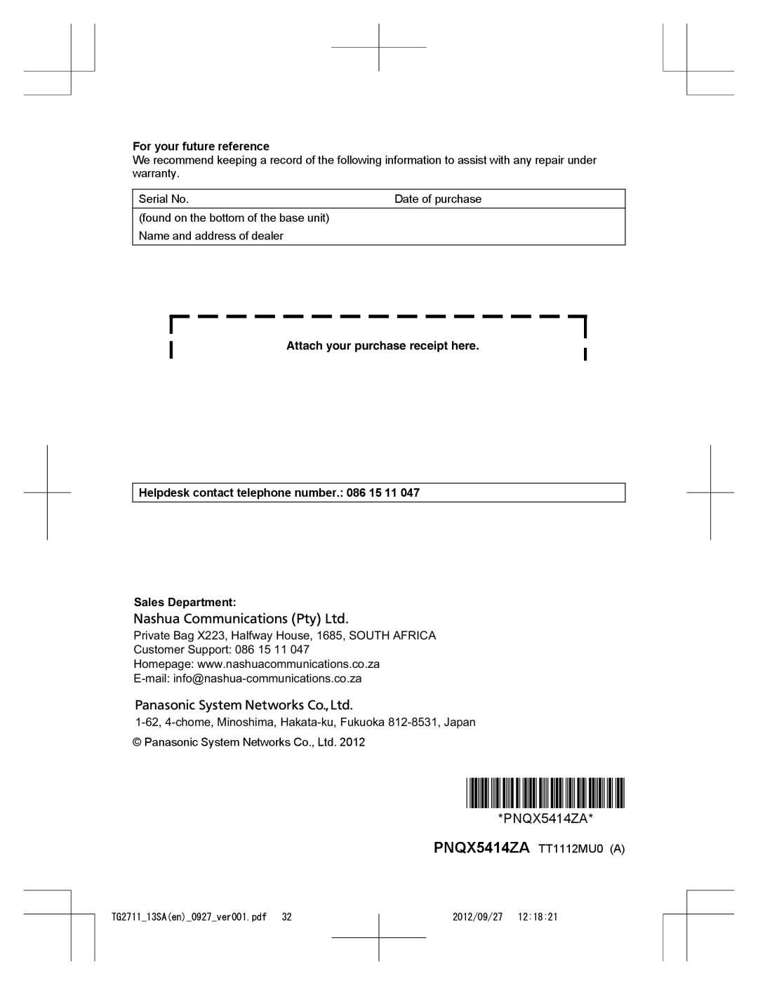 Panasonic KX-TG2711 operating instructions For your future reference 