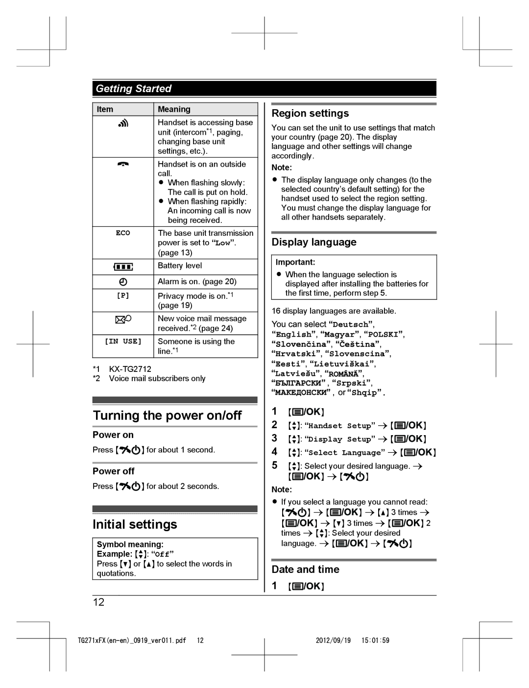 Panasonic KX-TG2712FX Turning the power on/off, Initial settings, Region settings, Display language, Date and time 