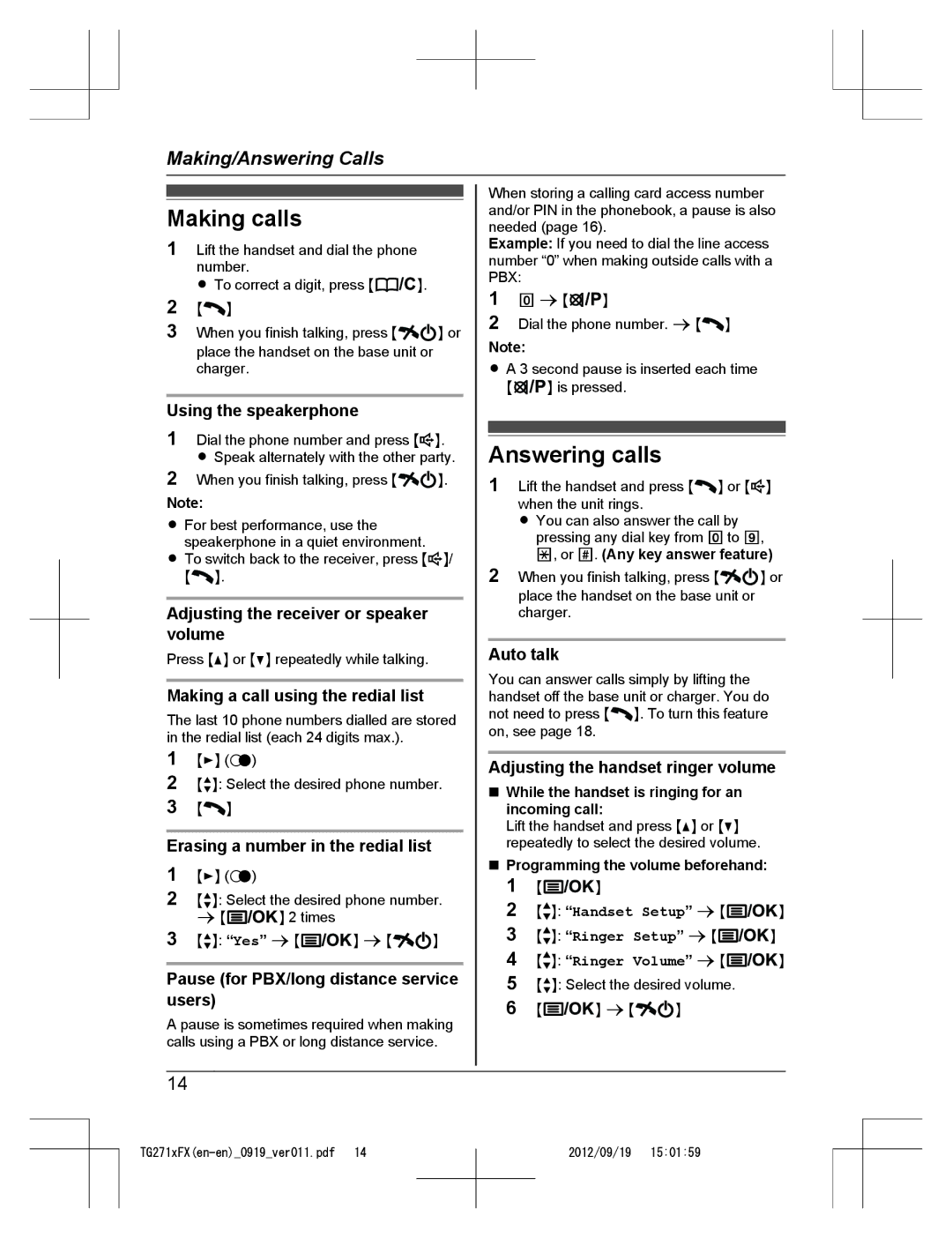 Panasonic KX-TG2712FX, KX-TG2711FX operating instructions Making calls, Answering calls 