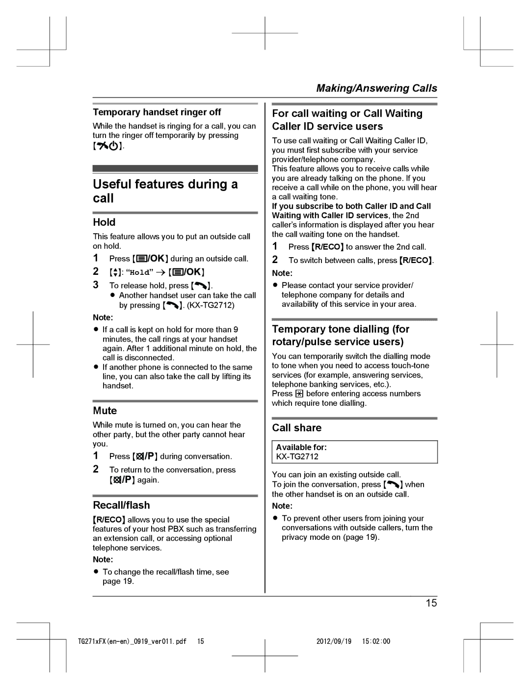 Panasonic KX-TG2711FX, KX-TG2712FX operating instructions Useful features during a call 