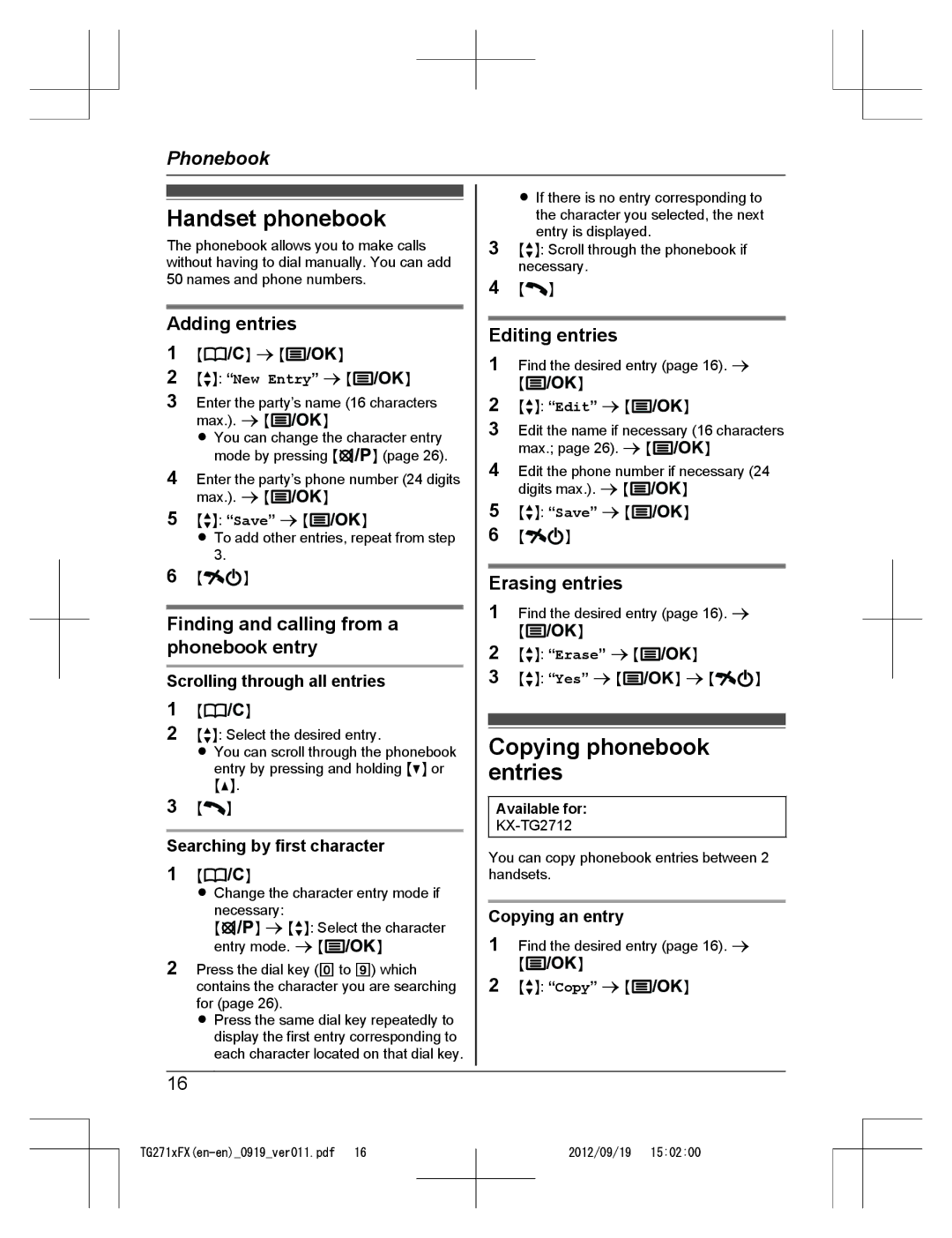 Panasonic KX-TG2712FX, KX-TG2711FX operating instructions Handset phonebook, Copying phonebook entries 