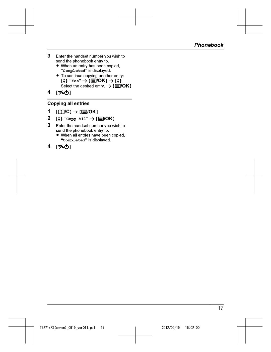 Panasonic KX-TG2711FX, KX-TG2712FX operating instructions Copying all entries 