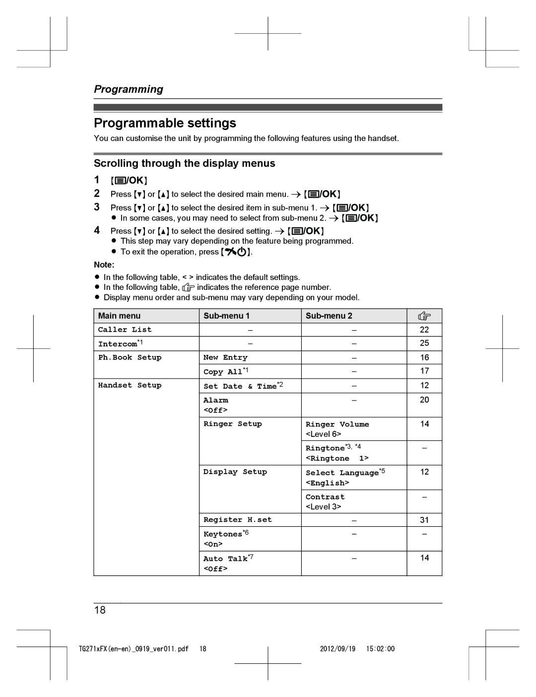 Panasonic KX-TG2712FX, KX-TG2711FX Programmable settings, Scrolling through the display menus, Main menu Sub-menu 