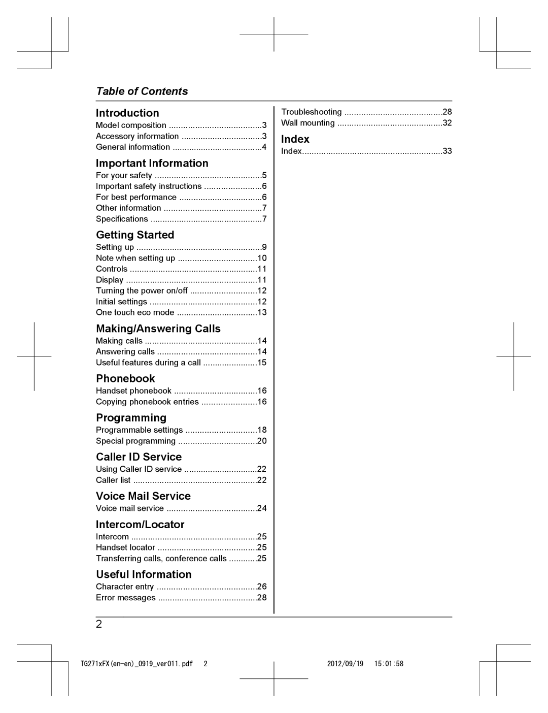 Panasonic KX-TG2712FX, KX-TG2711FX operating instructions Table of Contents 