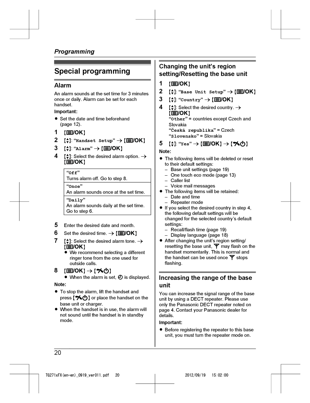 Panasonic KX-TG2712FX, KX-TG2711FX Special programming, Alarm, Changing the unit’s region setting/Resetting the base unit 