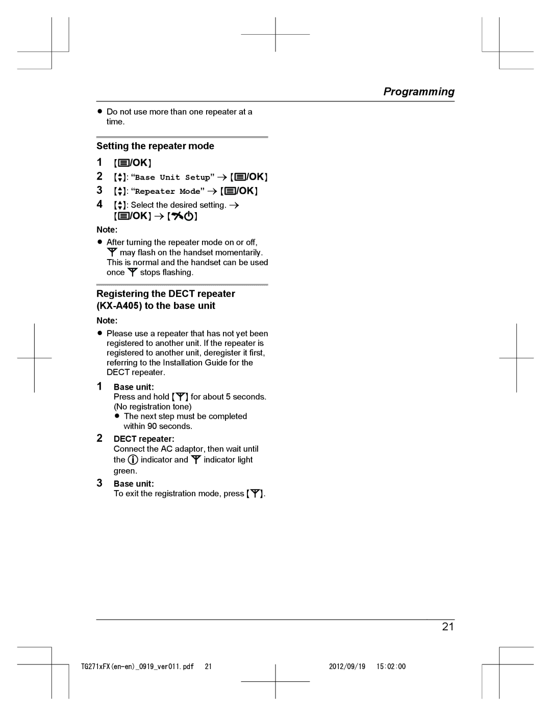 Panasonic KX-TG2711FX Setting the repeater mode, MbN Base Unit Setup a M N MbN Repeater Mode a M N, Dect repeater 