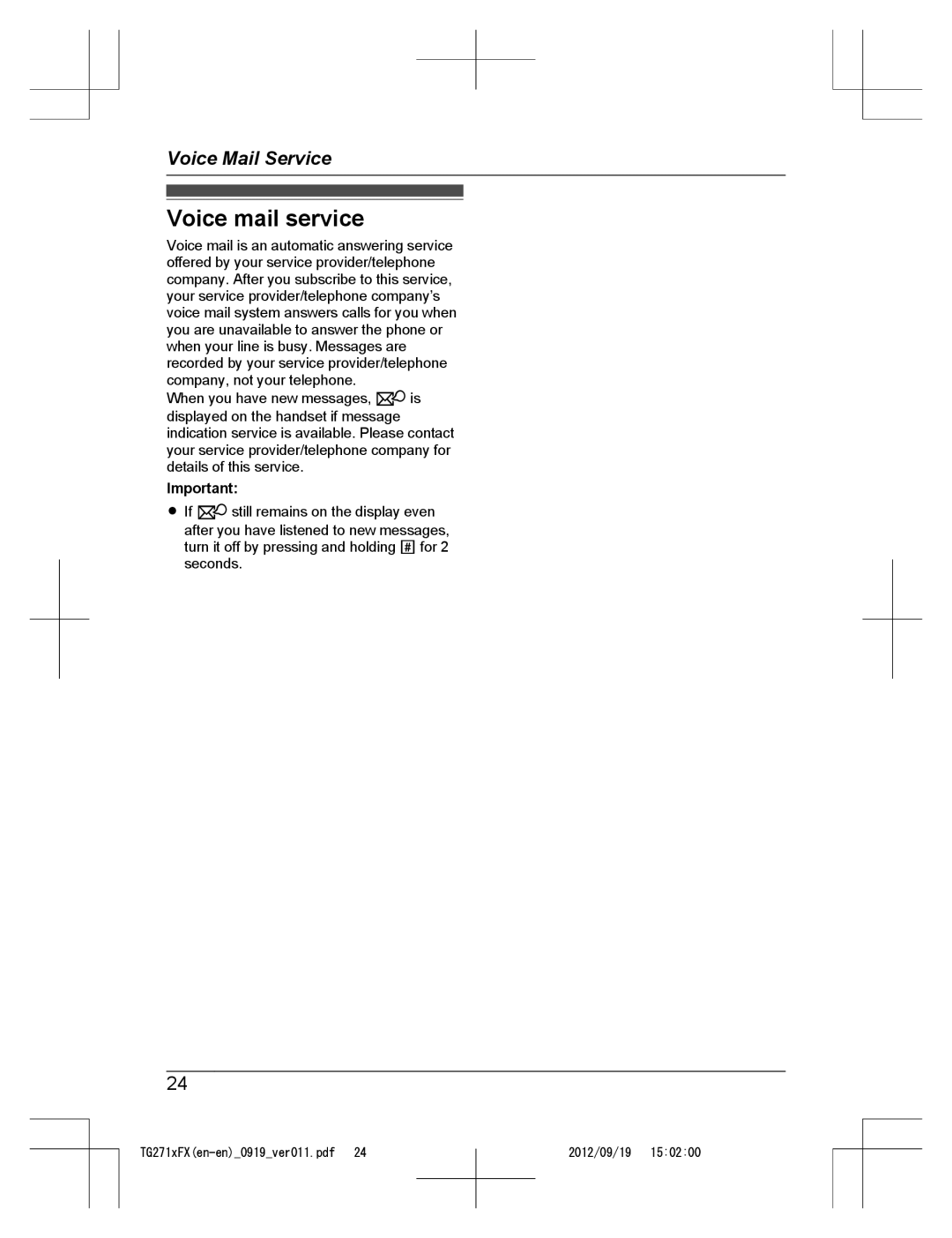 Panasonic KX-TG2712FX, KX-TG2711FX operating instructions Voice mail service 