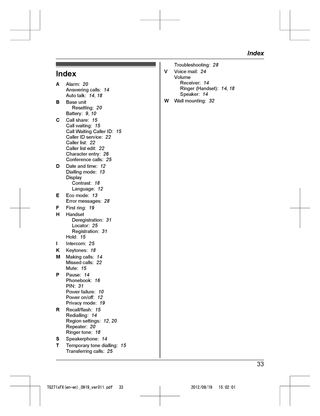 Panasonic KX-TG2711FX, KX-TG2712FX operating instructions Index 