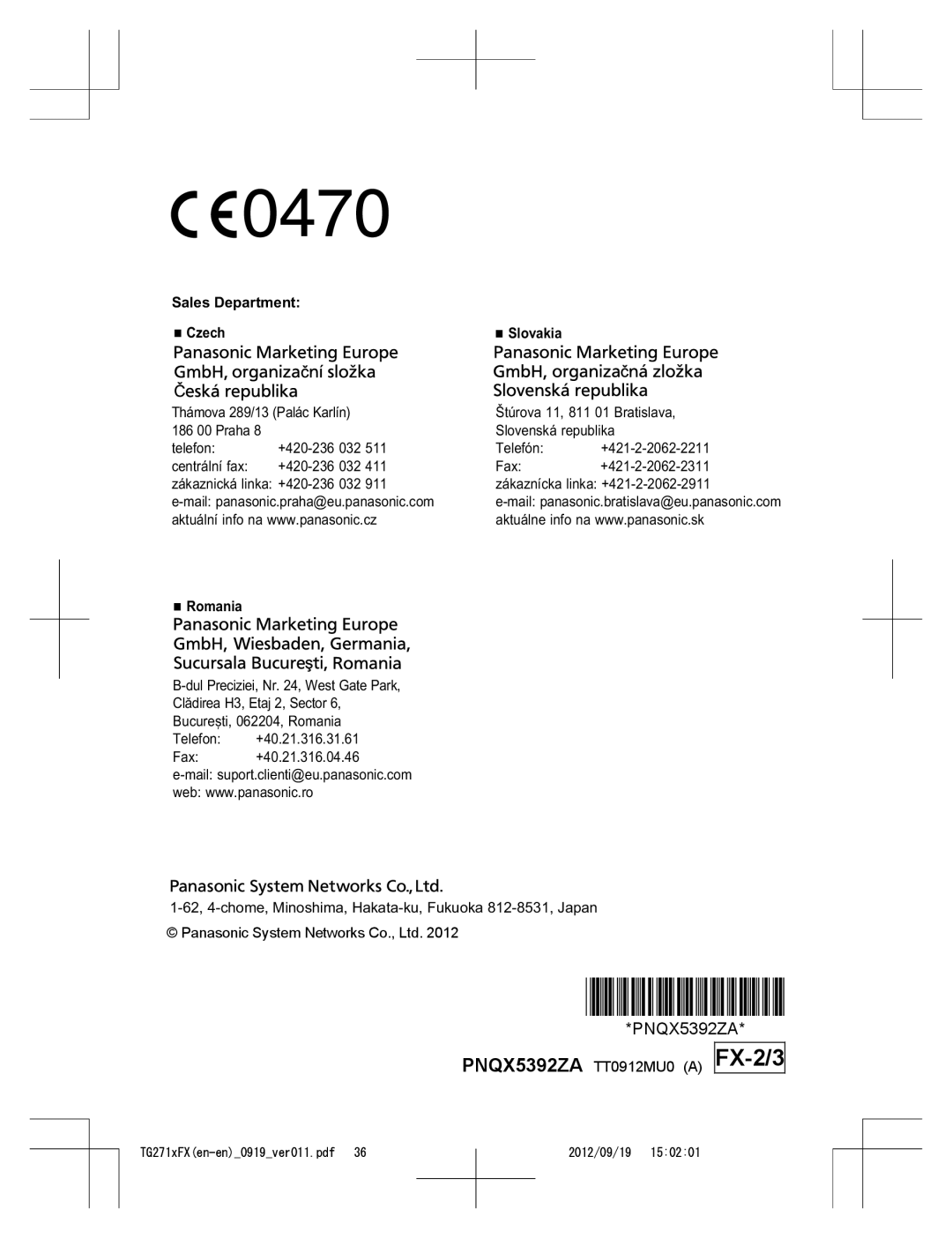 Panasonic KX-TG2712FX, KX-TG2711FX operating instructions FX-2/3, Sales Department Czech Slovakia, Romania 