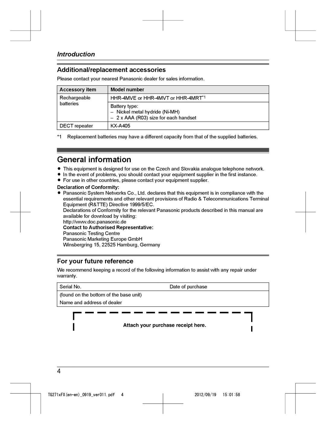 Panasonic KX-TG2712FX, KX-TG2711FX General information, Additional/replacement accessories, For your future reference 