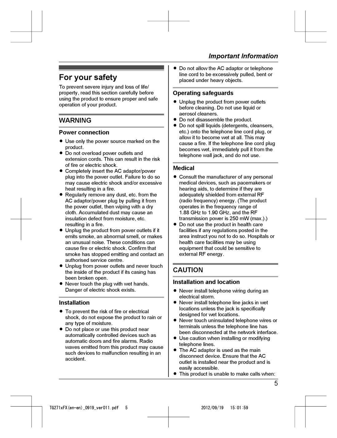 Panasonic KX-TG2711FX, KX-TG2712FX operating instructions For your safety 