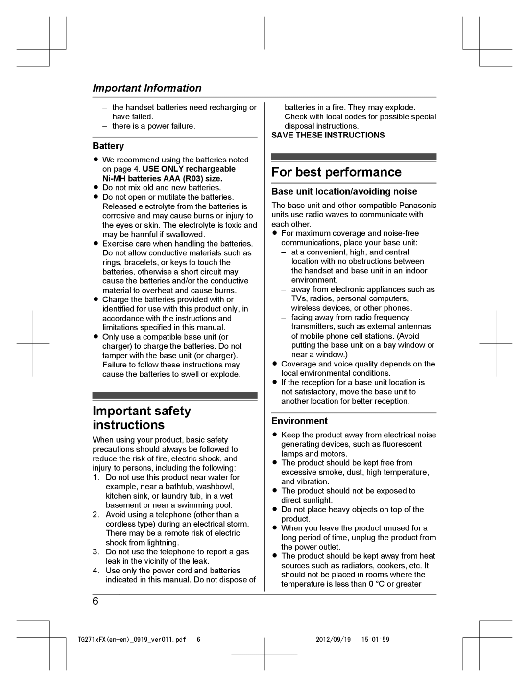 Panasonic KX-TG2712FX Important safety instructions, For best performance, Battery, Base unit location/avoiding noise 