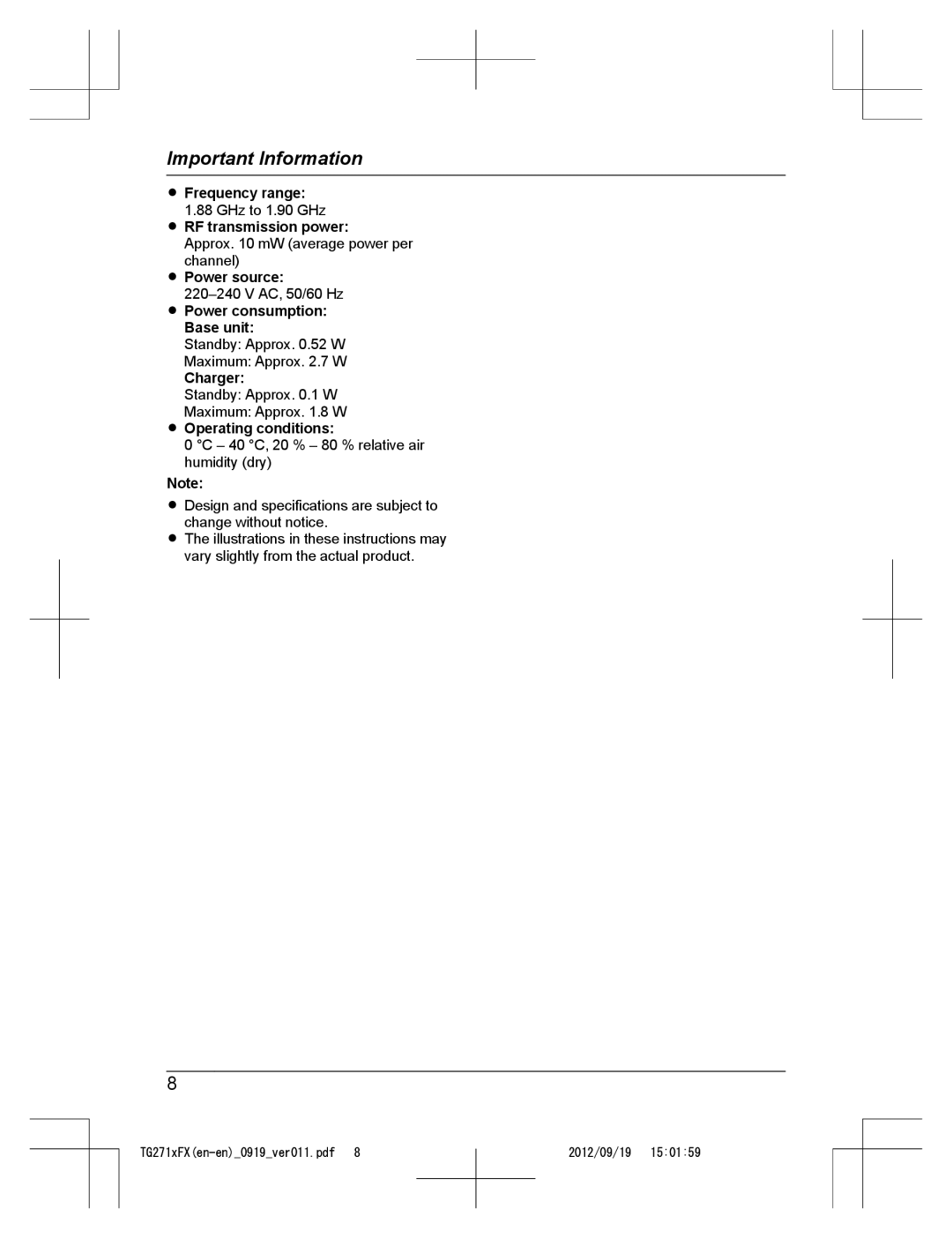 Panasonic KX-TG2712FX, KX-TG2711FX Frequency range, RF transmission power, Charger, Operating conditions 