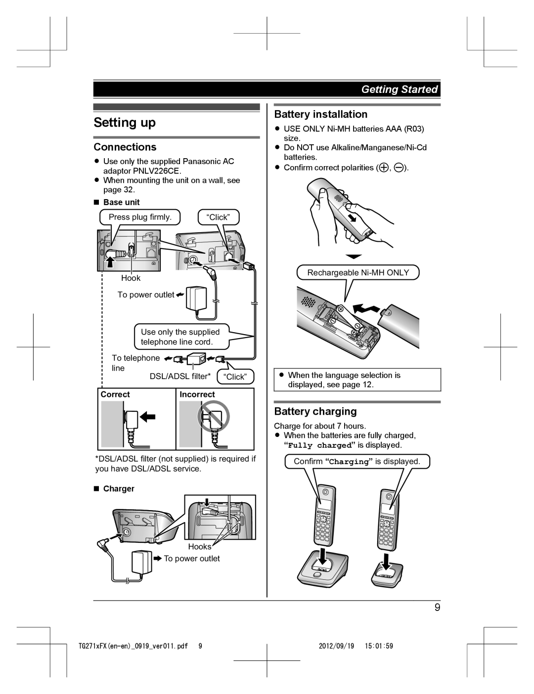 Panasonic KX-TG2711FX, KX-TG2712FX Setting up, Connections, Battery installation, Battery charging, Correct Incorrect 