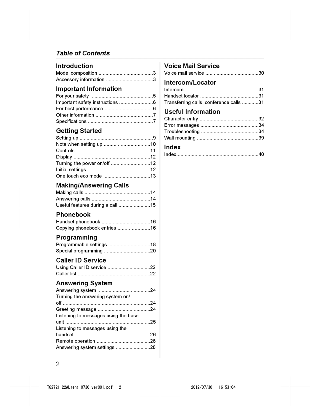 Panasonic KX-TG2721AL, KX-TG2722AL operating instructions Table of Contents 