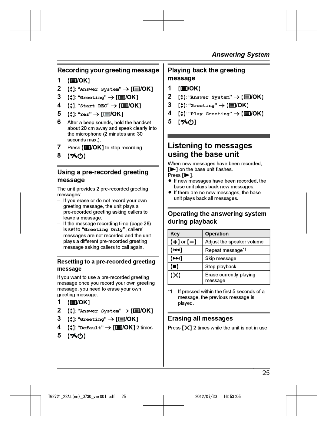 Panasonic KX-TG2722AL, KX-TG2721AL operating instructions Listening to messages using the base unit 