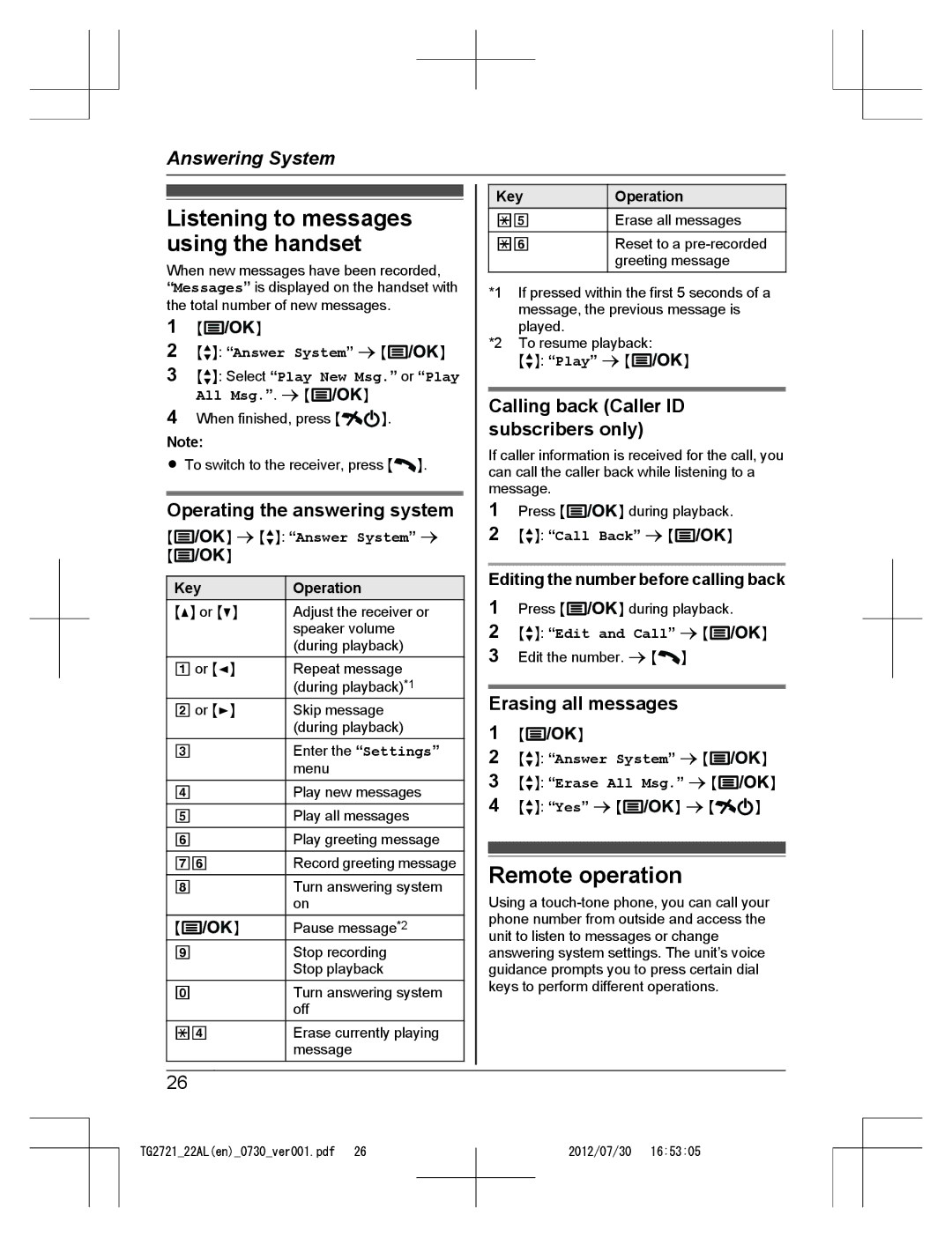 Panasonic KX-TG2721AL Listening to messages using the handset, Remote operation, Operating the answering system 