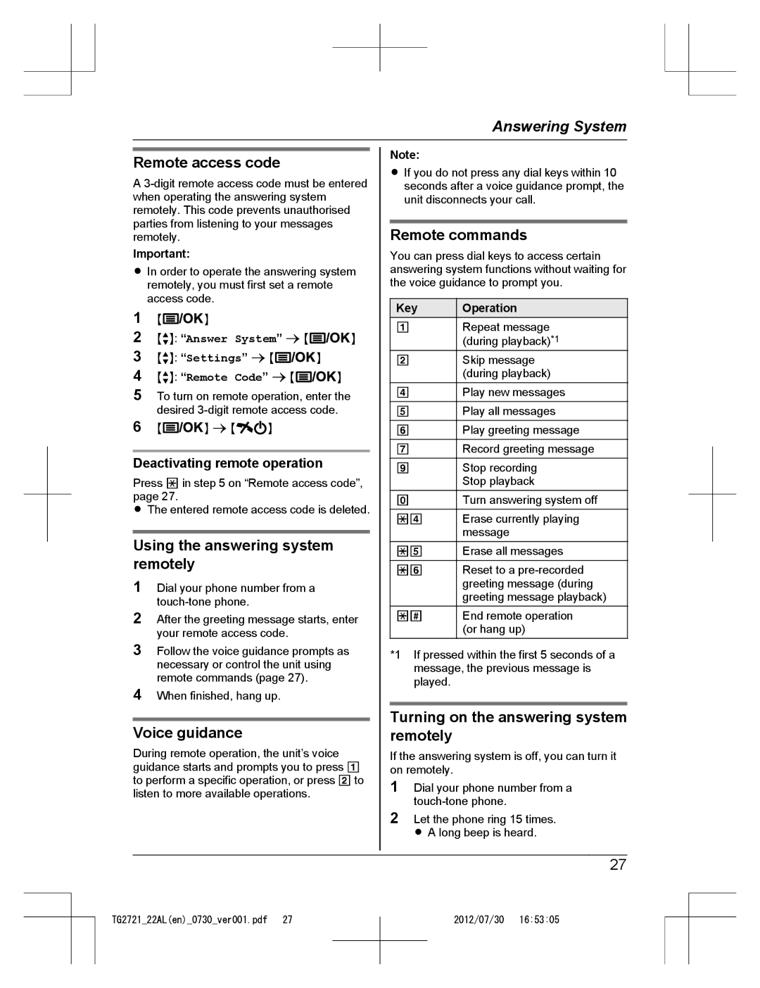 Panasonic KX-TG2722AL Remote access code, Using the answering system remotely, Voice guidance, Remote commands 
