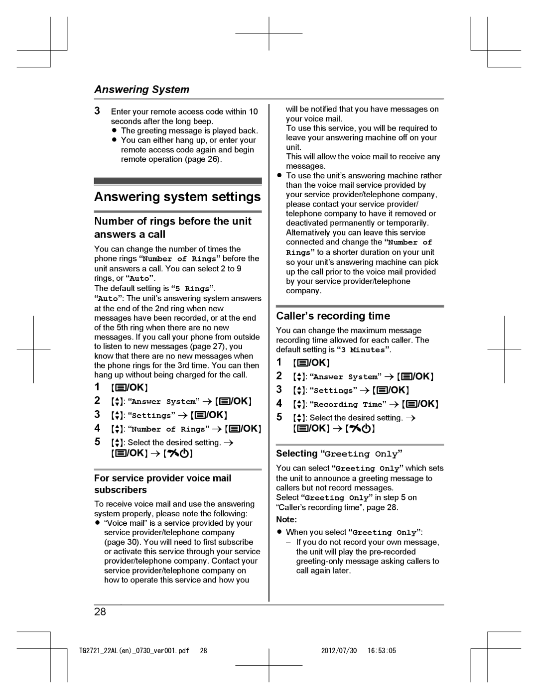 Panasonic KX-TG2721AL Answering system settings, Number of rings before the unit answers a call, Caller’s recording time 