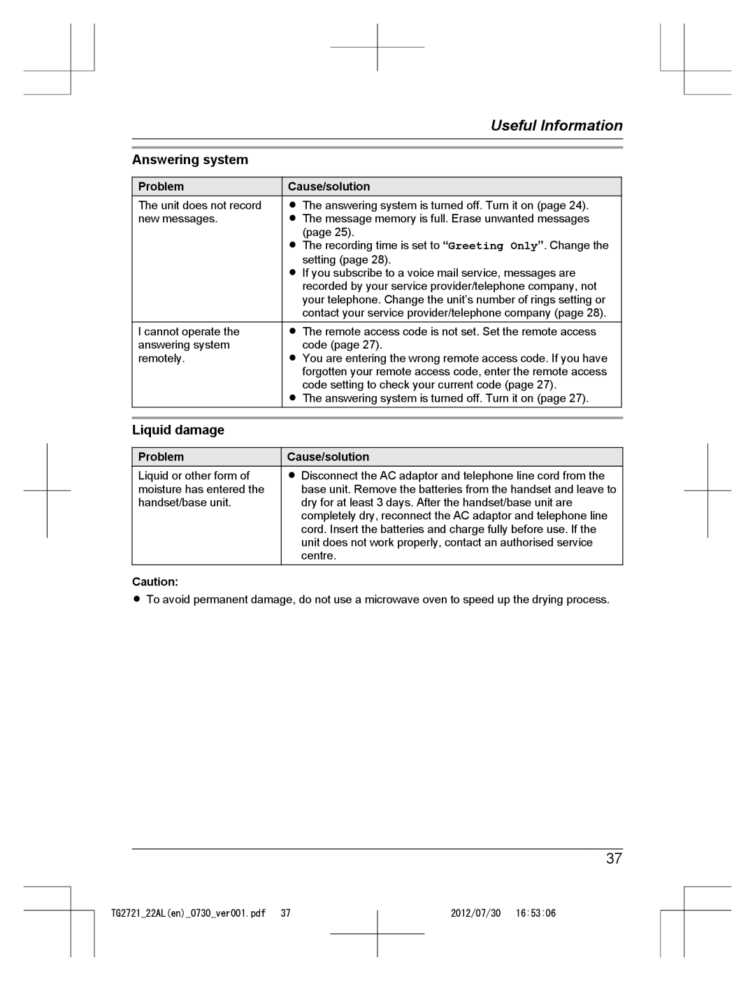 Panasonic KX-TG2722AL, KX-TG2721AL operating instructions Answering system, Liquid damage 