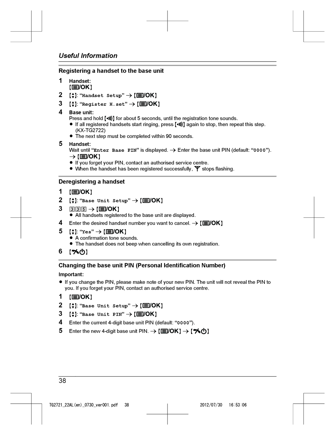 Panasonic KX-TG2721AL, KX-TG2722AL operating instructions Registering a handset to the base unit, Deregistering a handset 