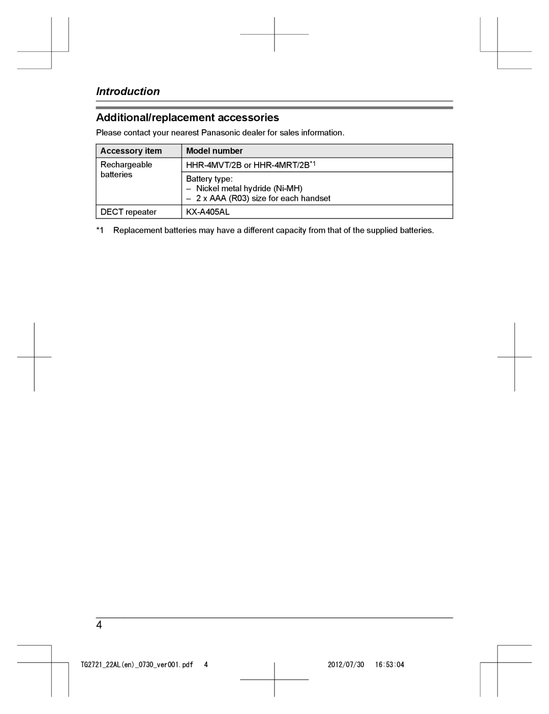 Panasonic KX-TG2721AL, KX-TG2722AL operating instructions Additional/replacement accessories, Accessory item, Model number 