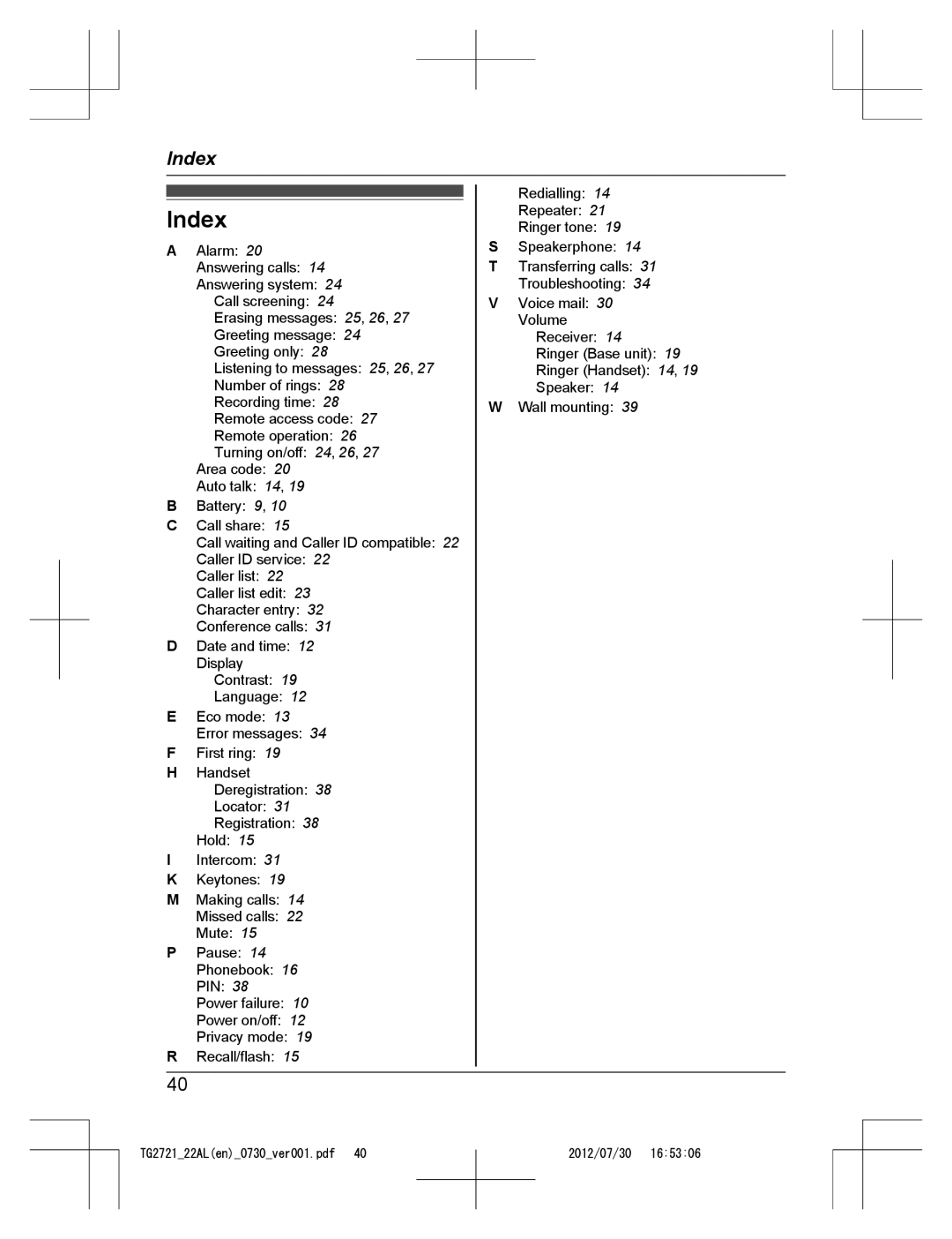 Panasonic KX-TG2721AL, KX-TG2722AL operating instructions Index 