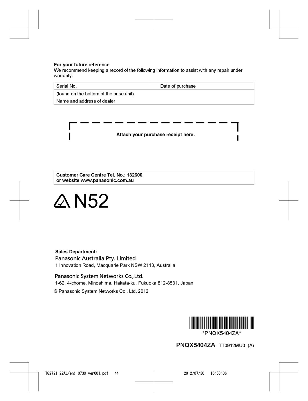 Panasonic KX-TG2721AL, KX-TG2722AL operating instructions For your future reference, Sales Department 