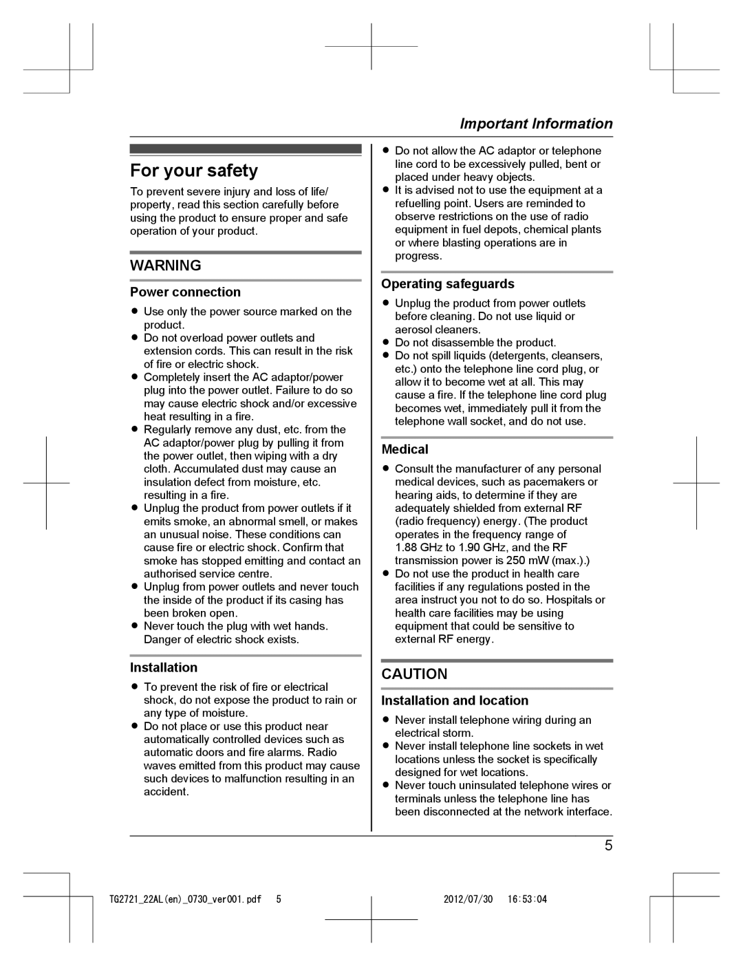 Panasonic KX-TG2722AL, KX-TG2721AL operating instructions For your safety 