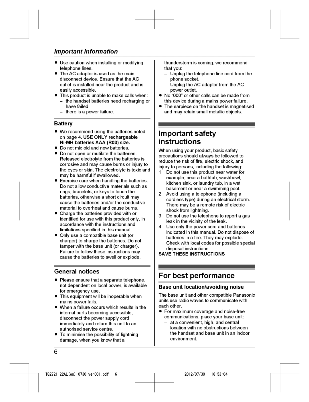 Panasonic KX-TG2721AL, KX-TG2722AL Important safety instructions, For best performance, General notices, Battery 