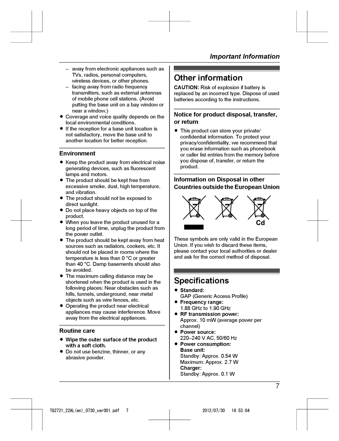 Panasonic KX-TG2722AL, KX-TG2721AL operating instructions Other information, Specifications, Environment, Routine care 