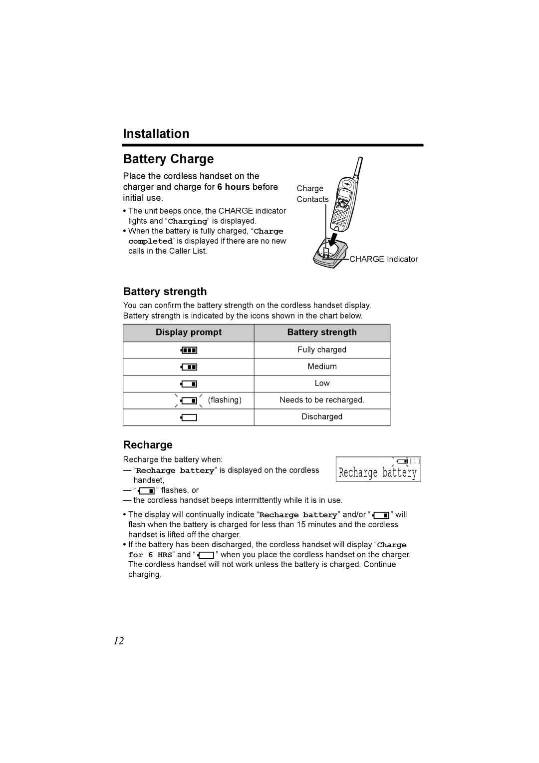 Panasonic KX-TG2970 operating instructions Installation Battery Charge, Recharge, Display prompt Battery strength 