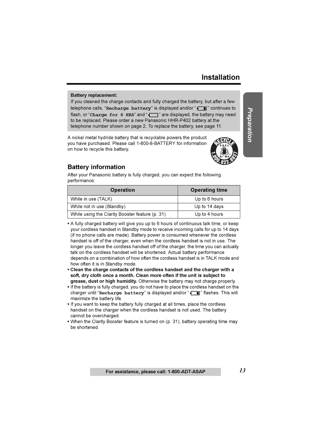 Panasonic KX-TG2970 operating instructions Battery information, Operation Operating time, Battery replacement 