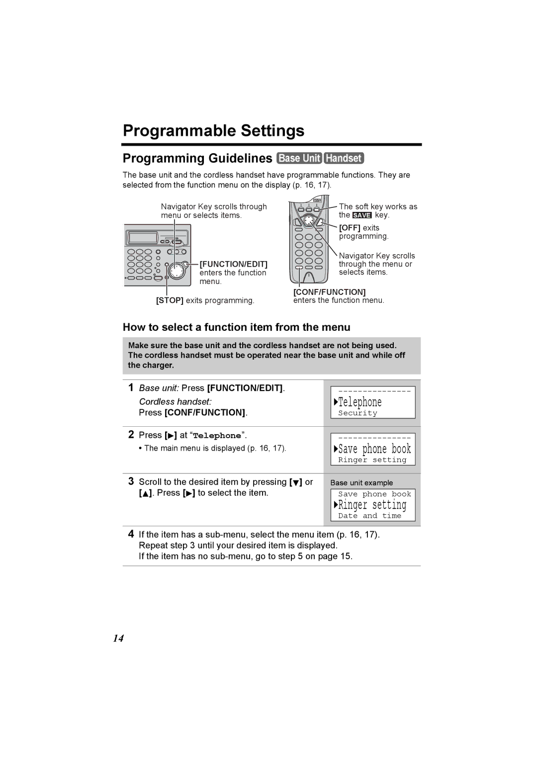 Panasonic KX-TG2970 operating instructions Programmable Settings, Telephone, Programming Guidelines Base Unit Handset 