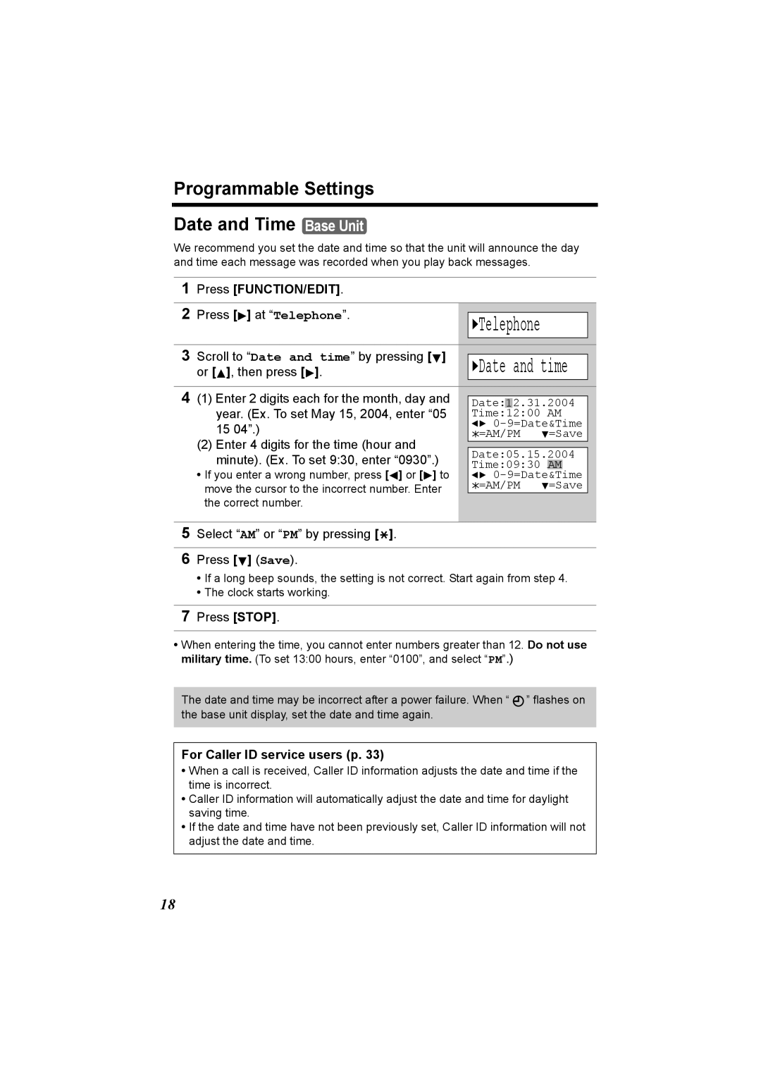 Panasonic KX-TG2970 Programmable Settings Date and Time Base Unit, Telephone, Date and time, Press FUNCTION/EDIT 