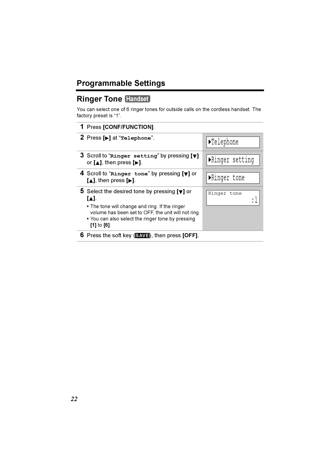 Panasonic KX-TG2970 Programmable Settings Ringer Tone Handset, Or , then press Scroll to Ringer tone by pressing or 