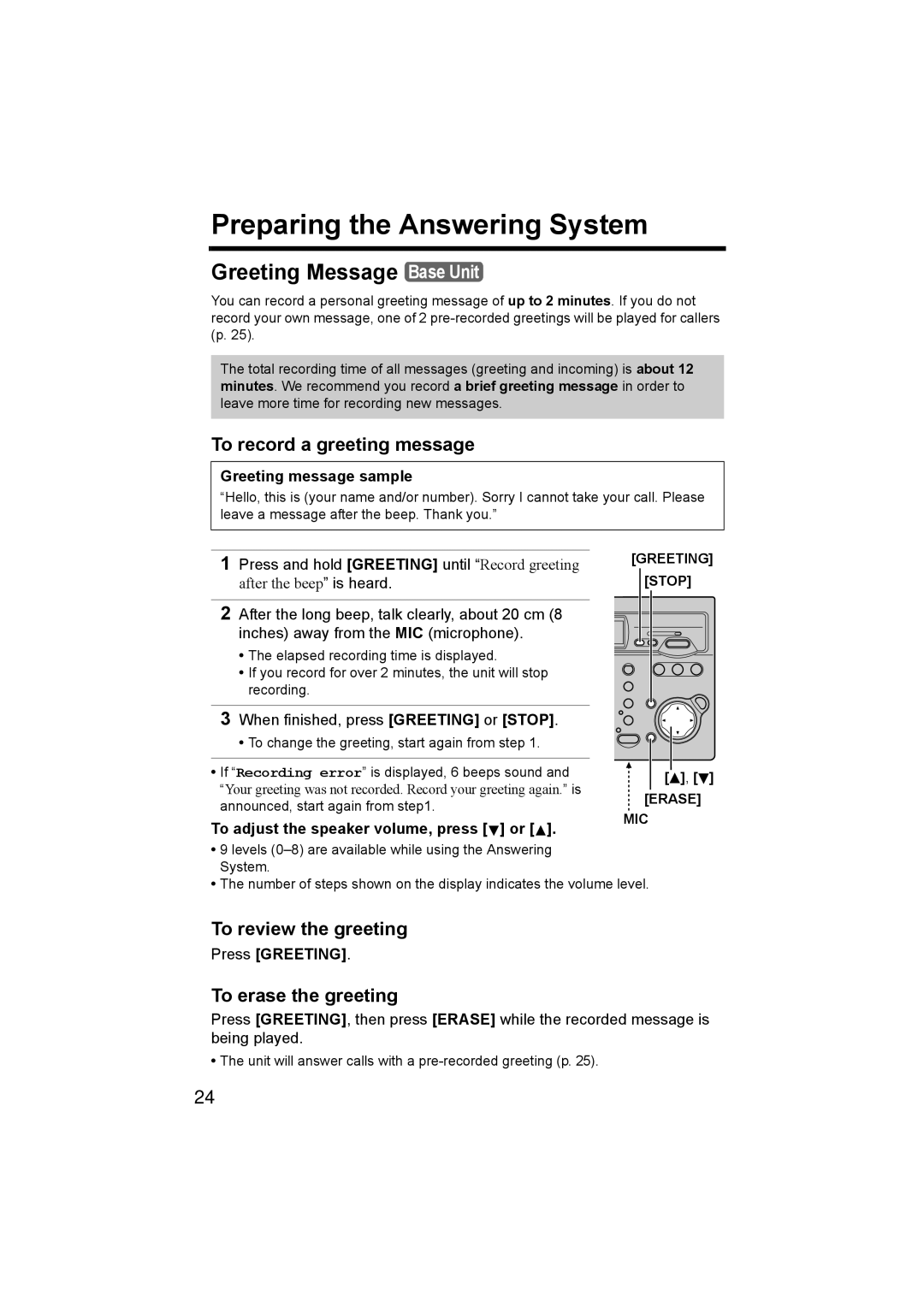 Panasonic KX-TG2970 Preparing the Answering System, Greeting Message Base Unit, To record a greeting message 