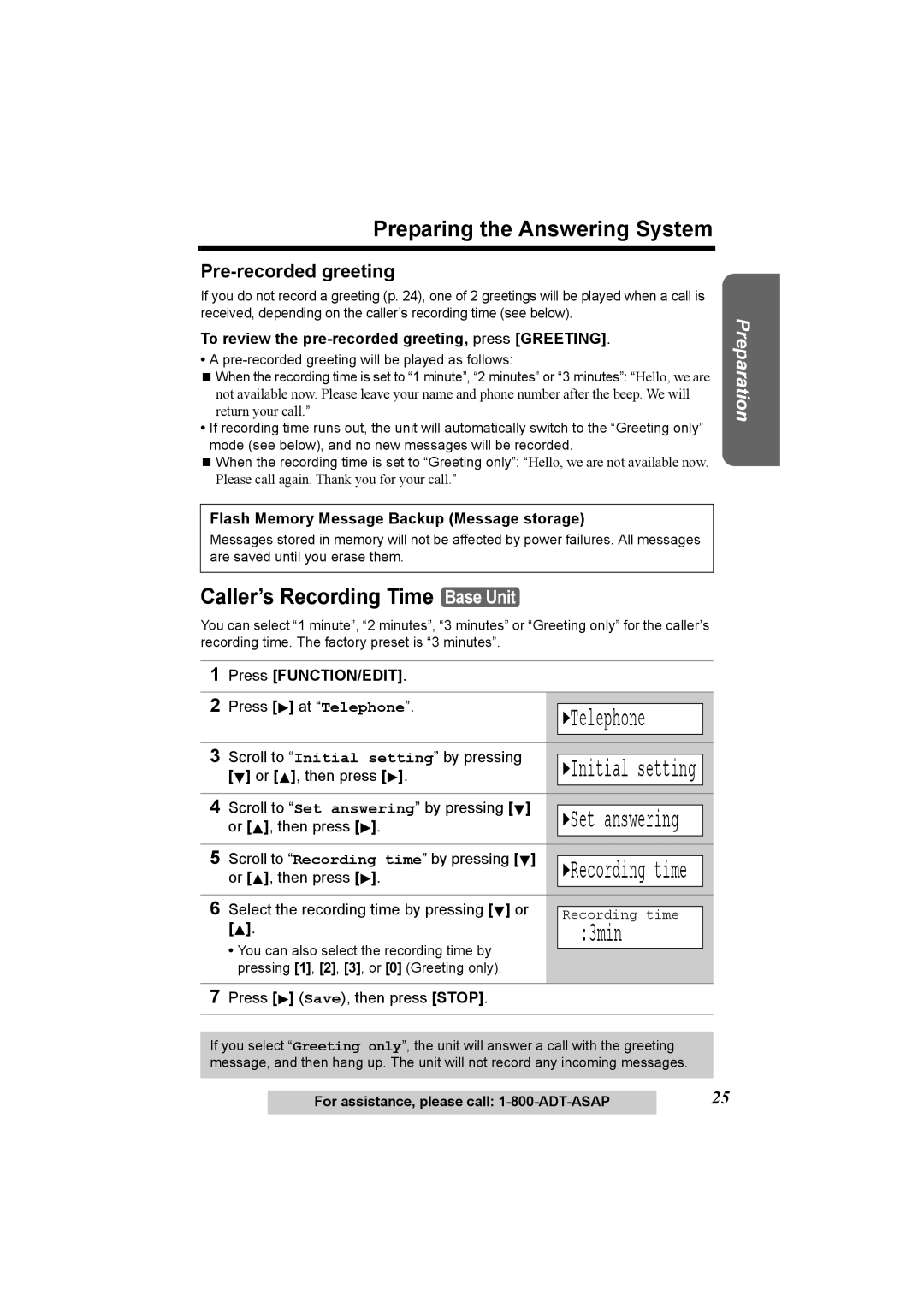 Panasonic KX-TG2970 3min, Preparing the Answering System, Caller’s Recording Time Base Unit, Pre-recorded greeting 