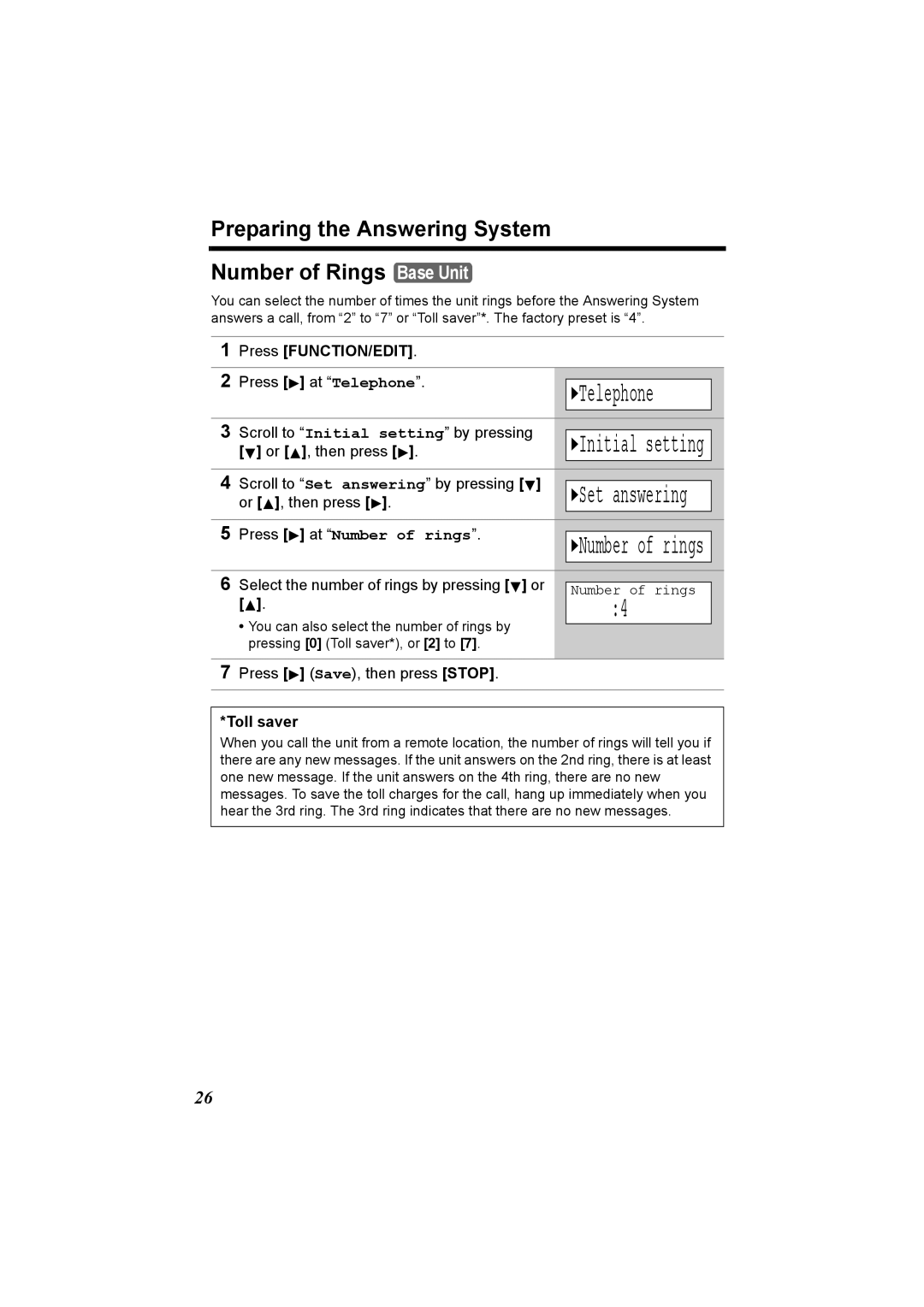 Panasonic KX-TG2970 Preparing the Answering System Number of Rings Base Unit, Select the number of rings by pressing or 