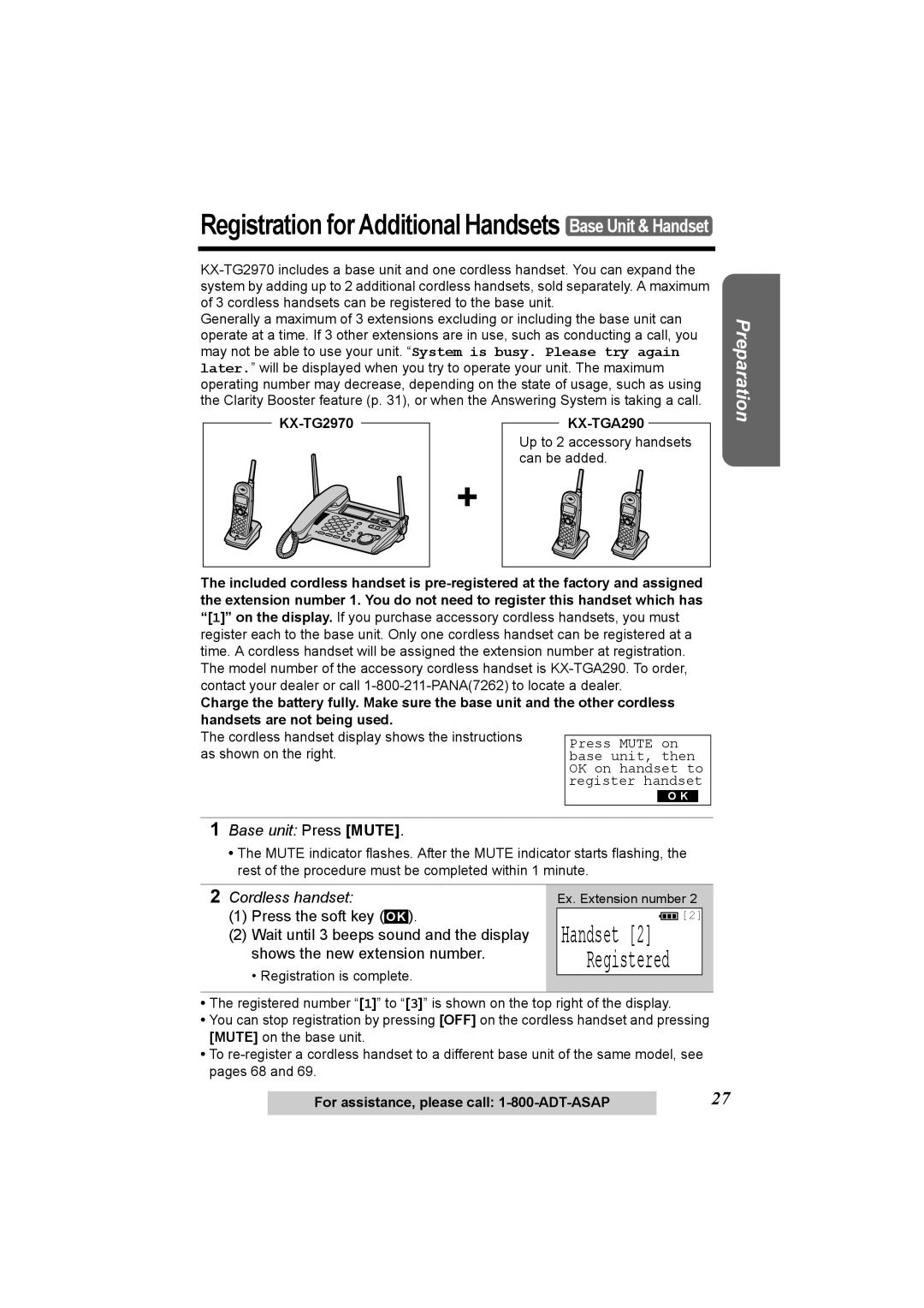 Panasonic KX-TG2970 operating instructions Registration for Additional Handsets Base Unit & Handset 