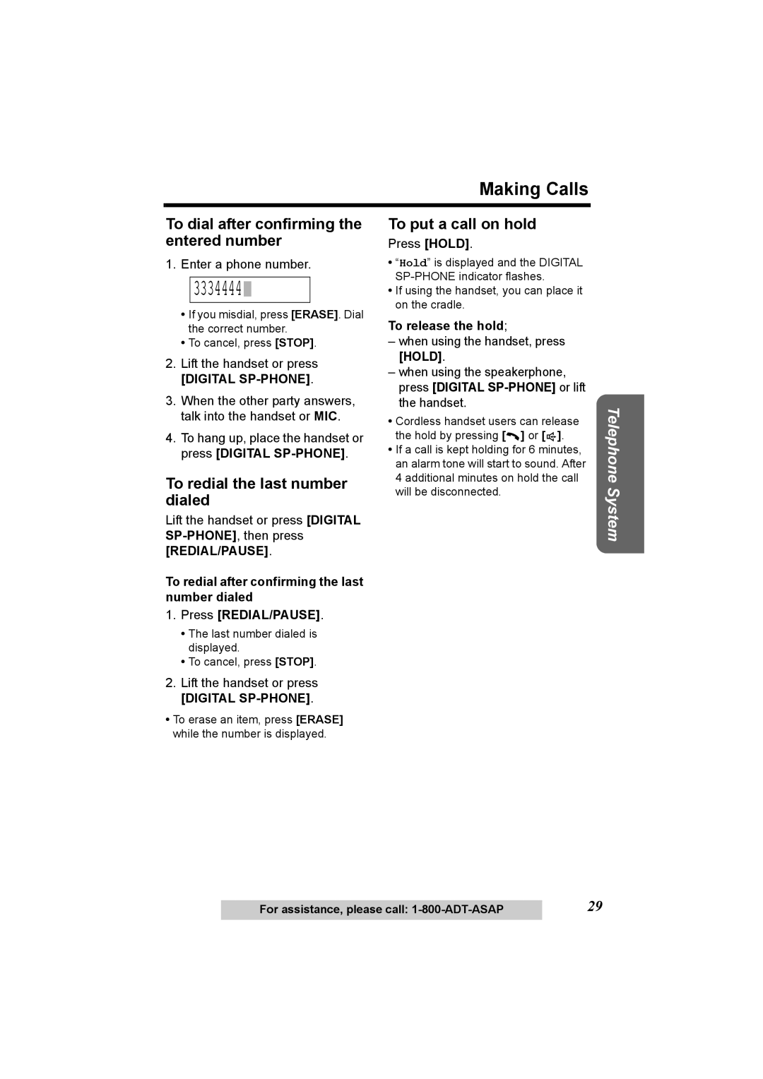 Panasonic KX-TG2970 3334444, Making Calls, To dial after confirming the entered number, To redial the last number dialed 