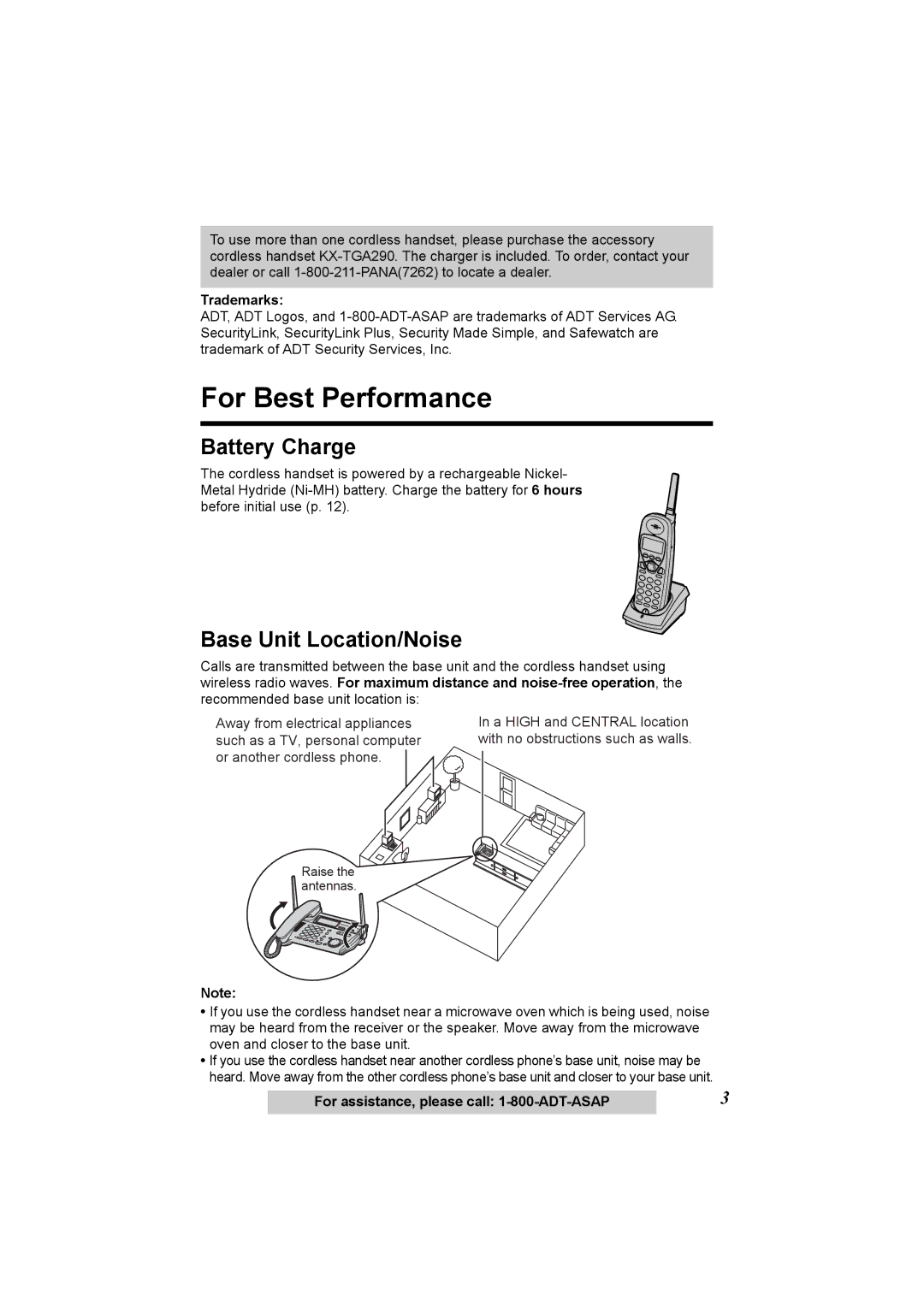 Panasonic KX-TG2970 operating instructions For Best Performance, Battery Charge, Base Unit Location/Noise, Trademarks 