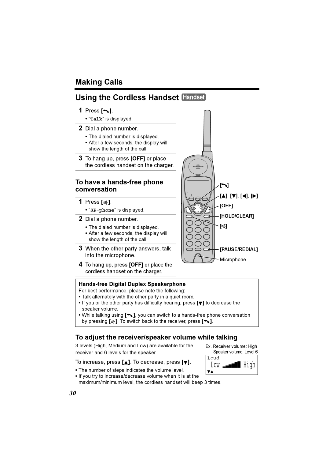 Panasonic KX-TG2970 Making Calls Using the Cordless Handset Handset, To adjust the receiver/speaker volume while talking 