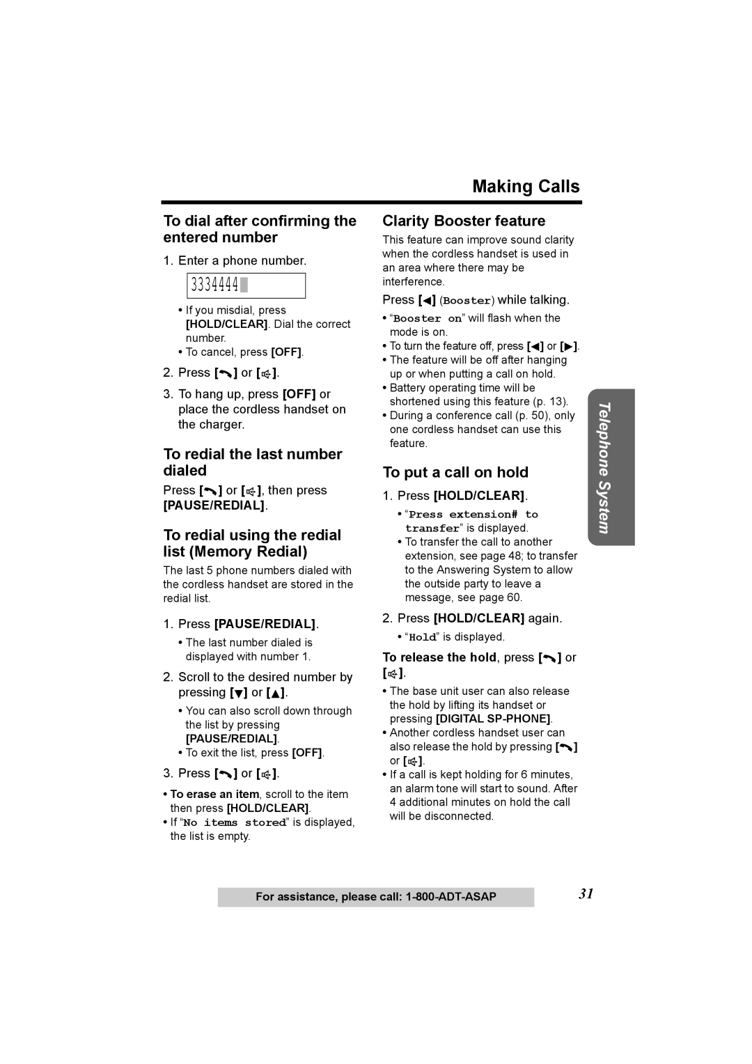 Panasonic KX-TG2970 operating instructions To redial using the redial list Memory Redial, Clarity Booster feature 