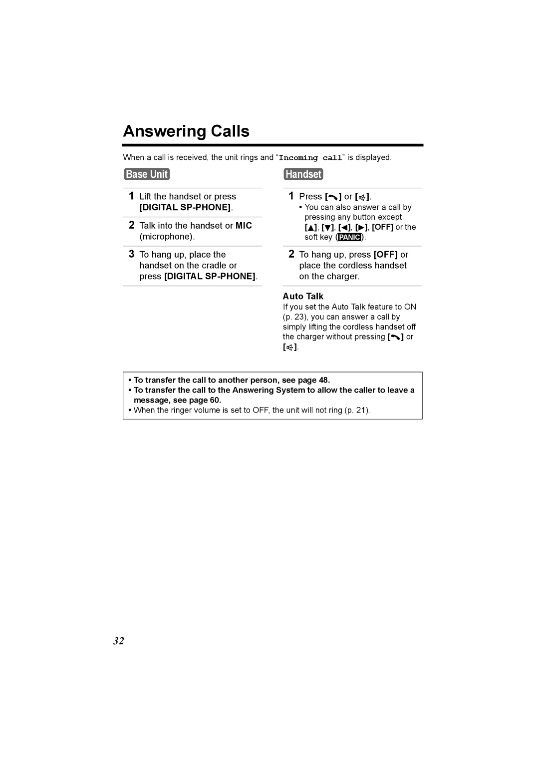 Panasonic KX-TG2970 operating instructions Answering Calls, Auto Talk 