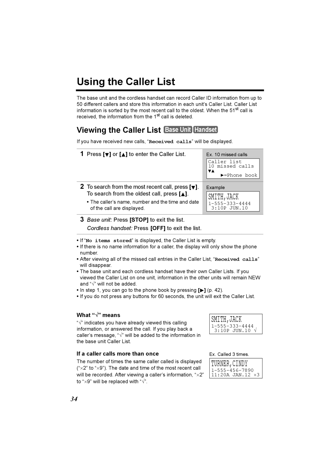 Panasonic KX-TG2970 Using the Caller List, Viewing the Caller List Base Unit Handset, Press or to enter the Caller List 